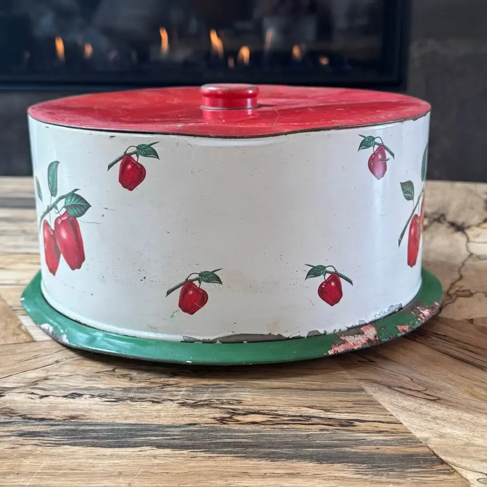 Vintage Decoware Tin Cake Carrier 1950s Metal Keeper Apple Litho Mid Century